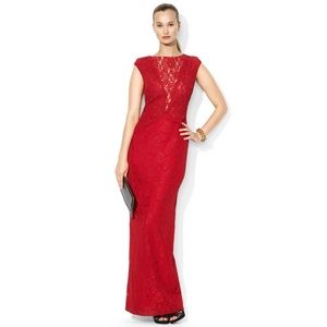 NWT Ralph Lauren Red Lace Petite Evening Gown